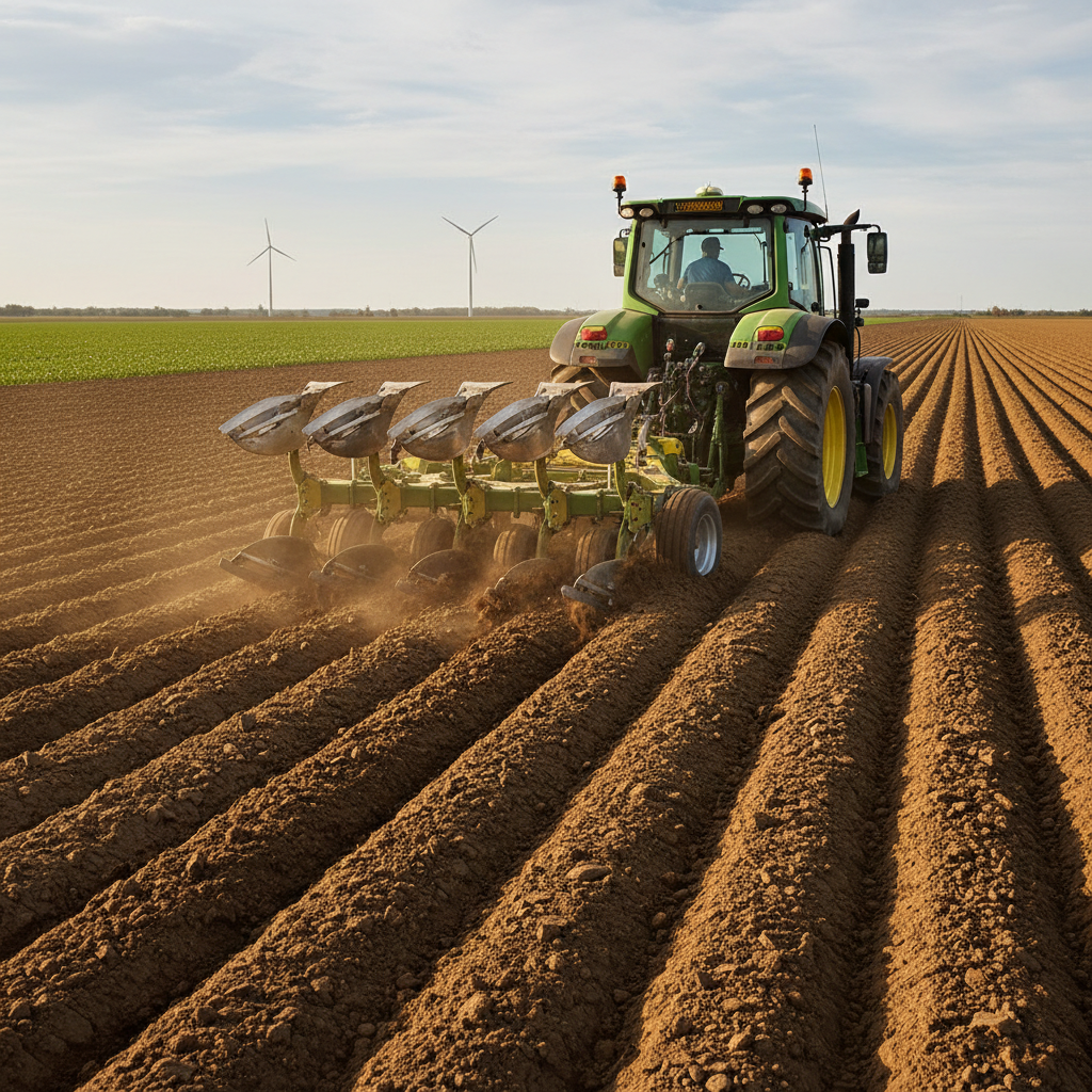 A green tractor with a cultivator attached tills rows of dark soil in a large field under a partly cloudy sky.